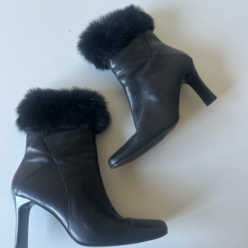 Vintage Karen Scott Black Leather Fur Ankle Square Toe Boots 7.5